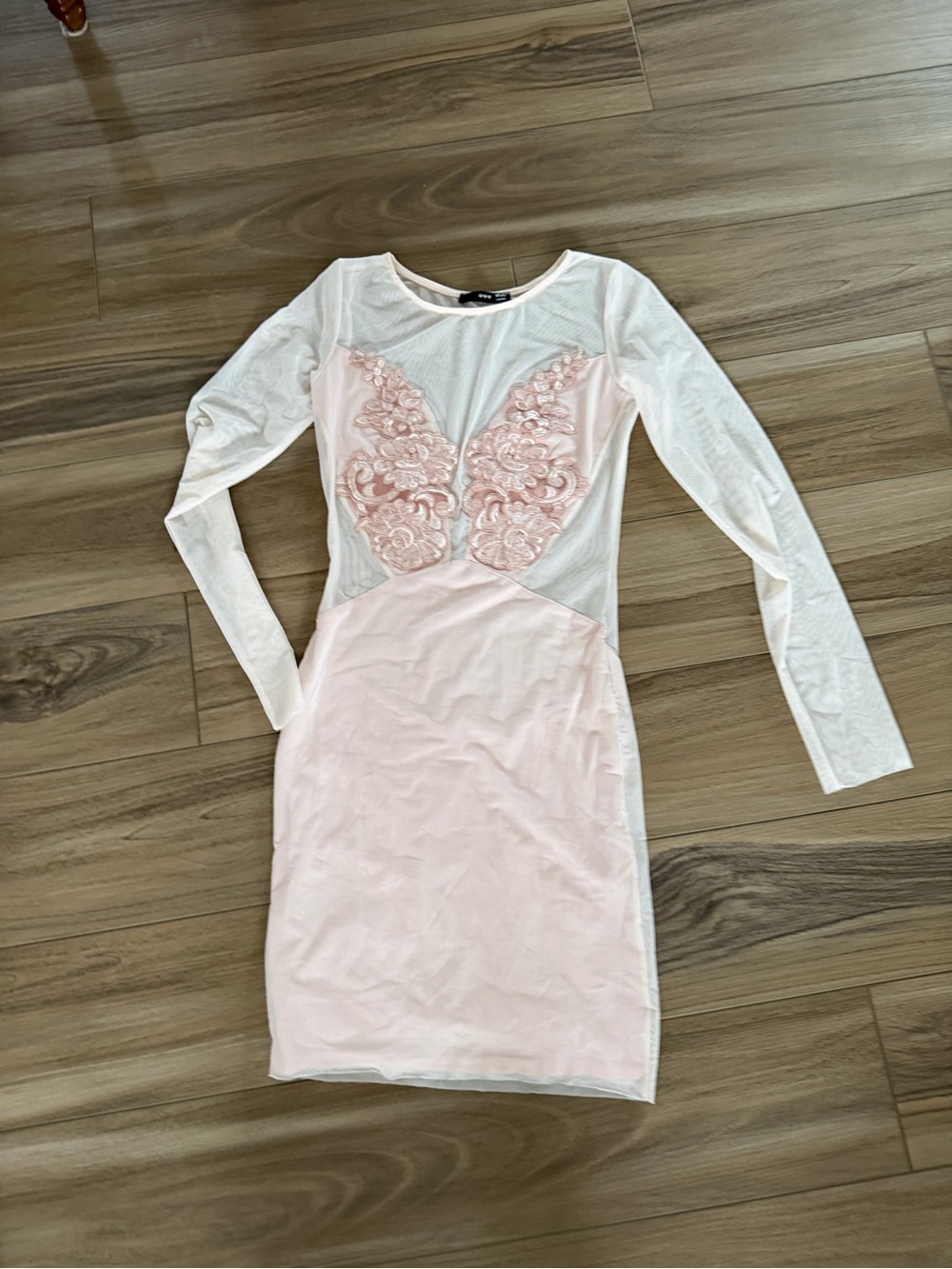 TFNC Pink and White Long-Sleeve Mesh Appliqué Bodycon Dress. Embroidered